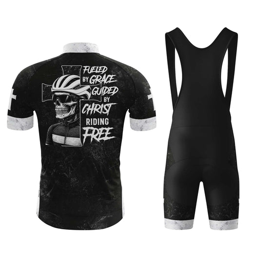 Skull Rider Fueled By Grace Men's Cycling Jersey Set, Road Bike Cycling Kit for Men, Biking Outfit, Bicycle Suit, Team Racing Uniform
