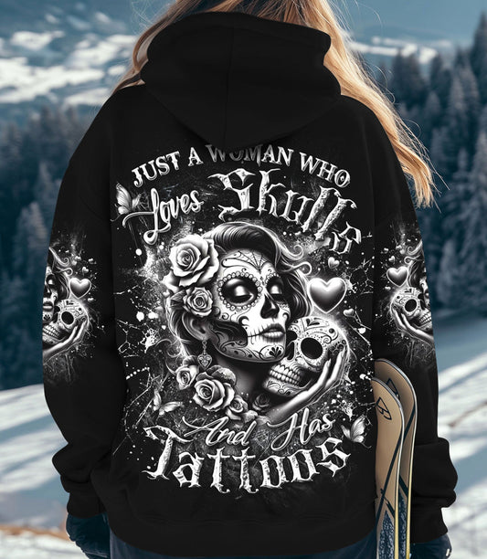 JUST A WOMAN WHO LOVES SKULL AND HAS TATTOOS ALL OVER PRINT - YHDU2802253
