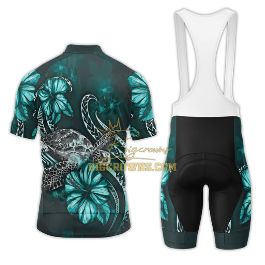 BigCrowns | Samoa Polynesian Turtle Blooming Hibiscus 2 Cyan Sleeve Cycling Kit