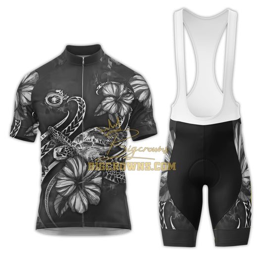 BigCrowns | Samoa Polynesian Turtle Blooming Hibiscus 2 White Sleeve Cycling Kit