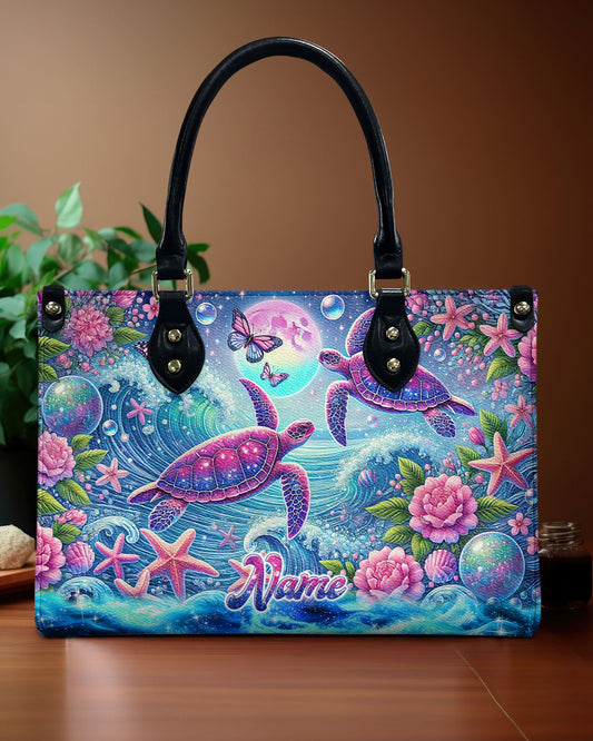 Sea Turtle Under Moon Leather Handbag