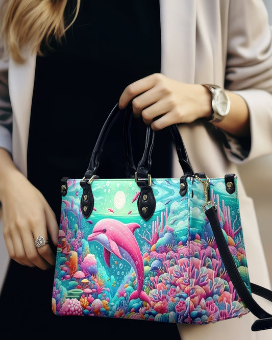 Dolphin In The Ocean Leather Handbag
