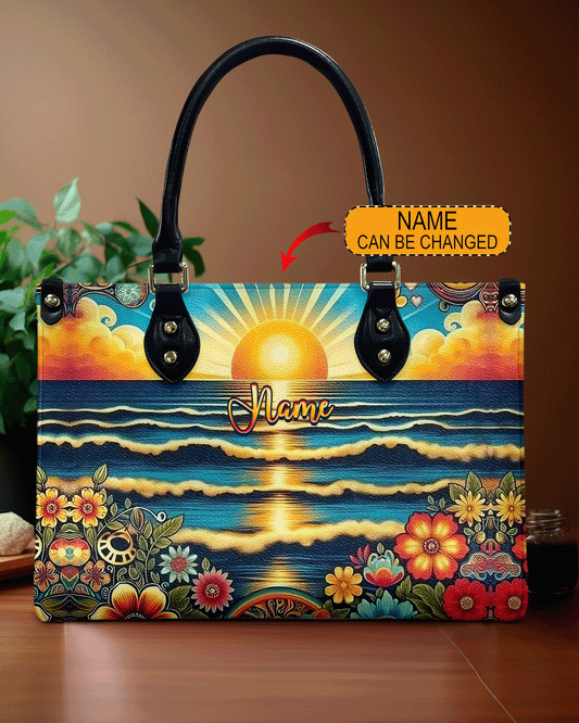 Painting Sea Sunset Leather Handbag