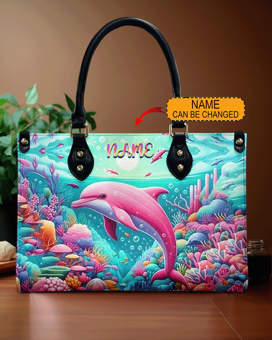 Dolphin In The Ocean Leather Handbag