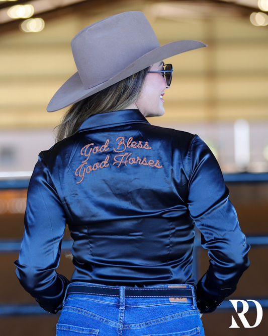 GOD BLESS GOOD HORSES SATIN PERFORMANCE RODEO SHIRT