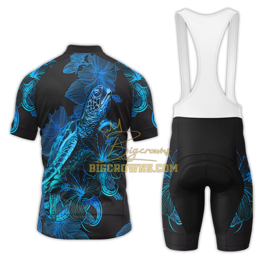BigCrowns | Samoa Polynesian Turtle Blooming Hibiscus Blue Sleeve Cycling Kit