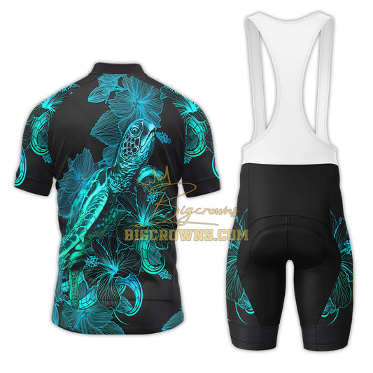 BigCrowns | Samoa Polynesian Turtle Blooming Hibiscus Cyan Sleeve Cycling Kit