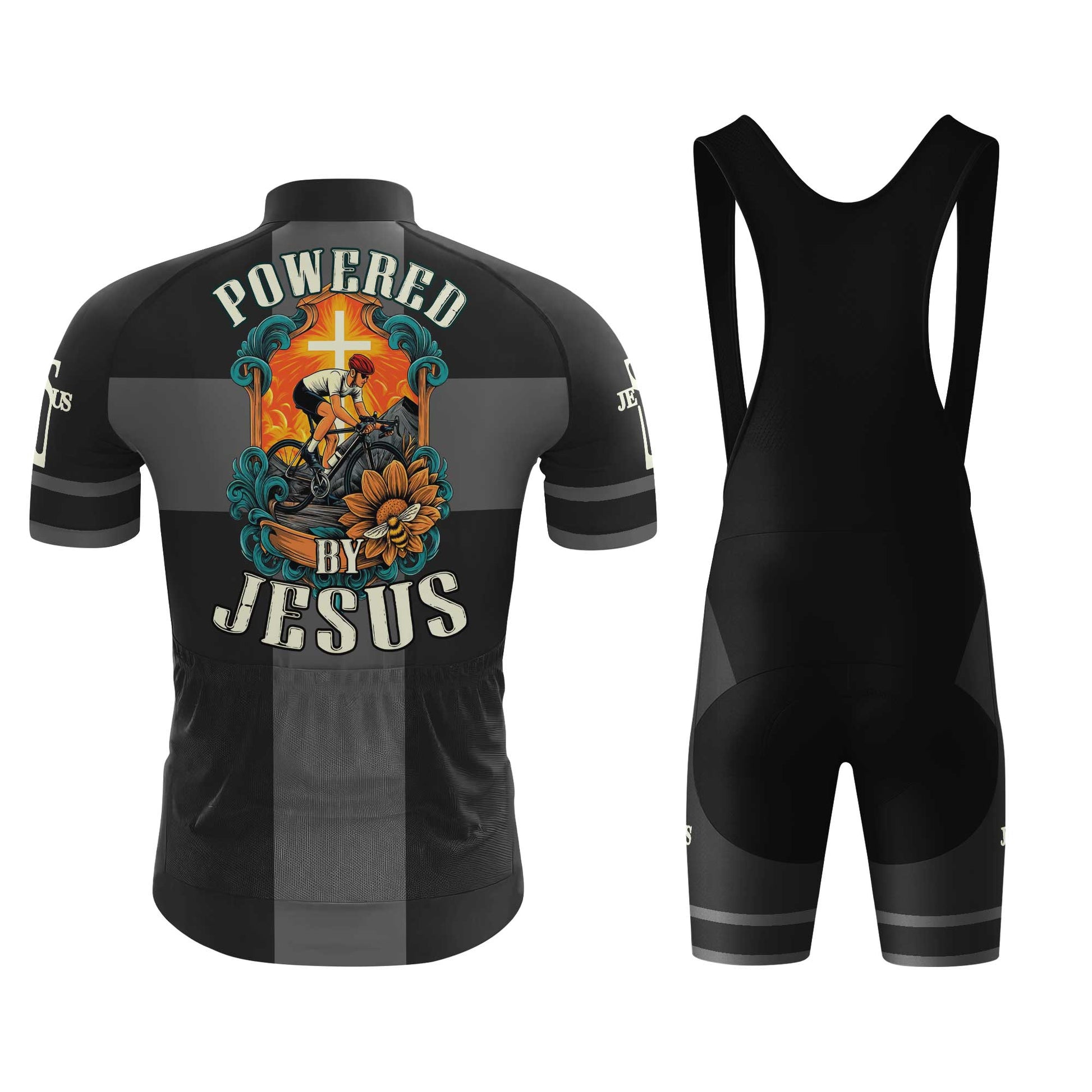 Powered By Jesus Men's Cycling Jersey Set, Road Bike Cycling Kit for Men, Biking Outfit, Bicycle Suit, Team Racing Uniform