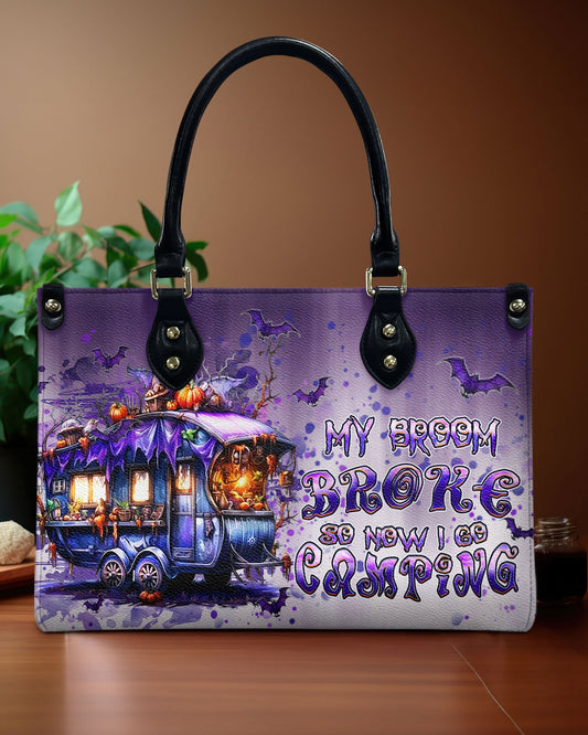 My Broom Broke Camping Halloween Leather Handbag