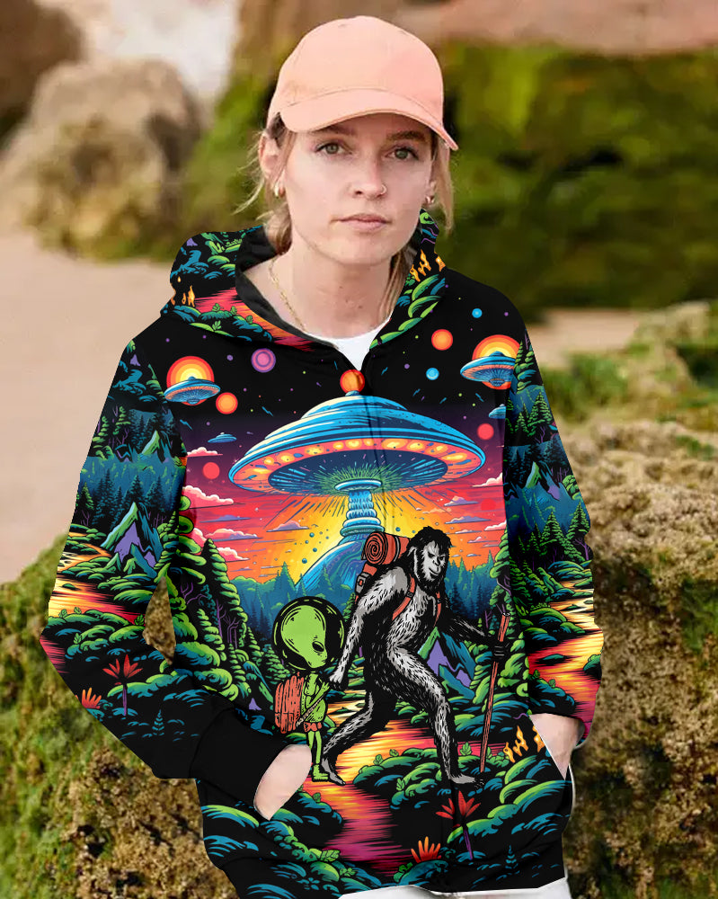 Bigfoot Alien Going Hiking All Over Print Shirt