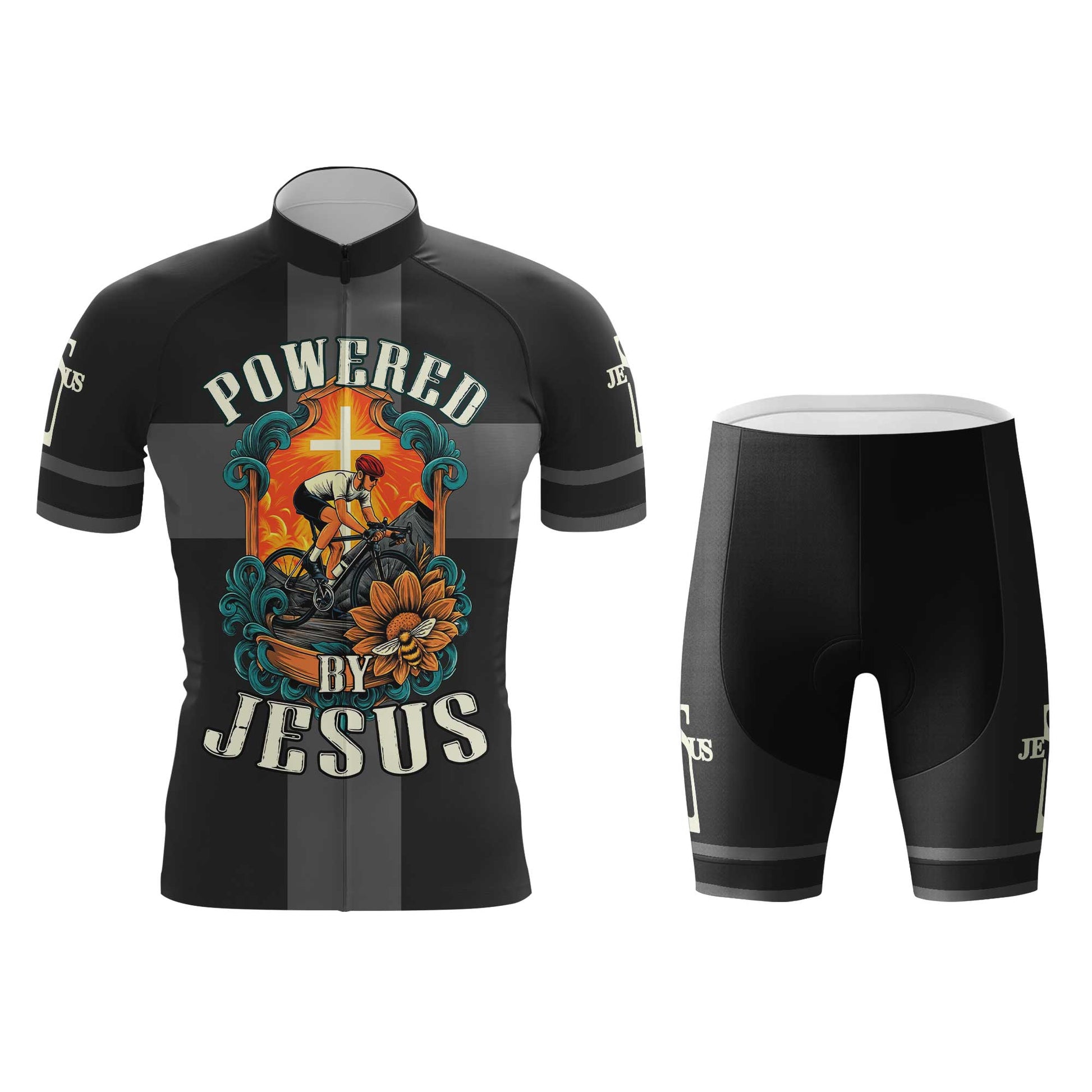 Powered By Jesus Men's Cycling Jersey Set, Road Bike Cycling Kit for Men, Biking Outfit, Bicycle Suit, Team Racing Uniform