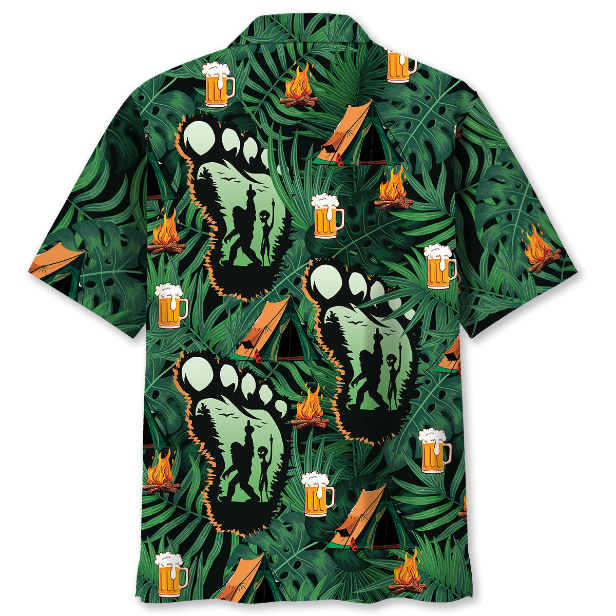 Camping Bigfoot Alien Fire and Beer Hawaiian Shirt