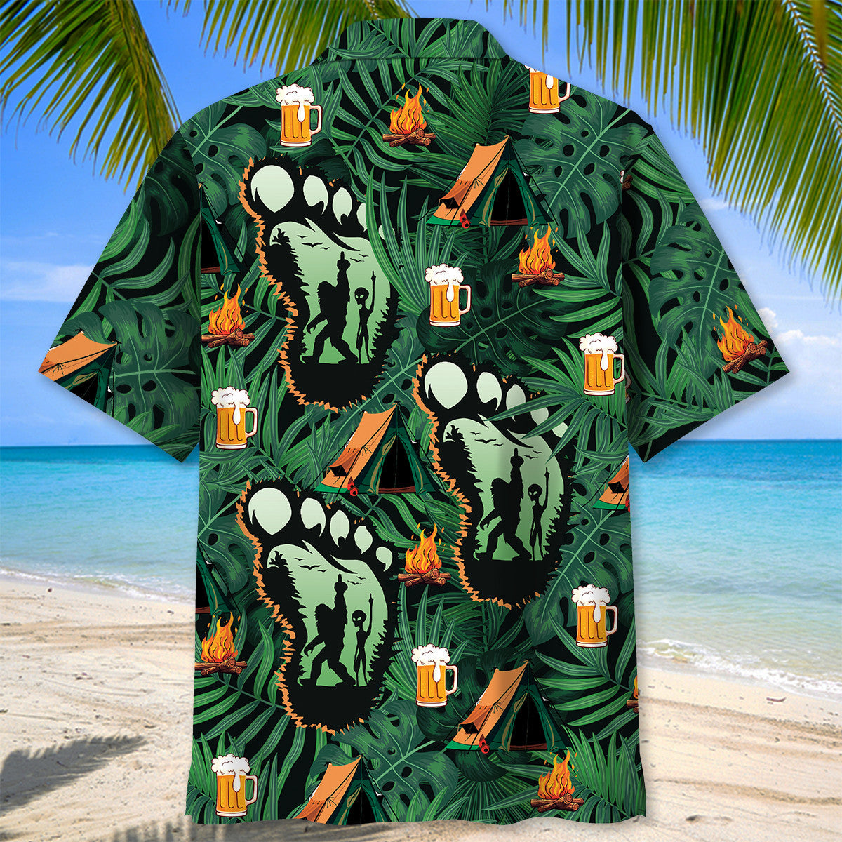 Camping Bigfoot Alien Fire and Beer Hawaiian Shirt