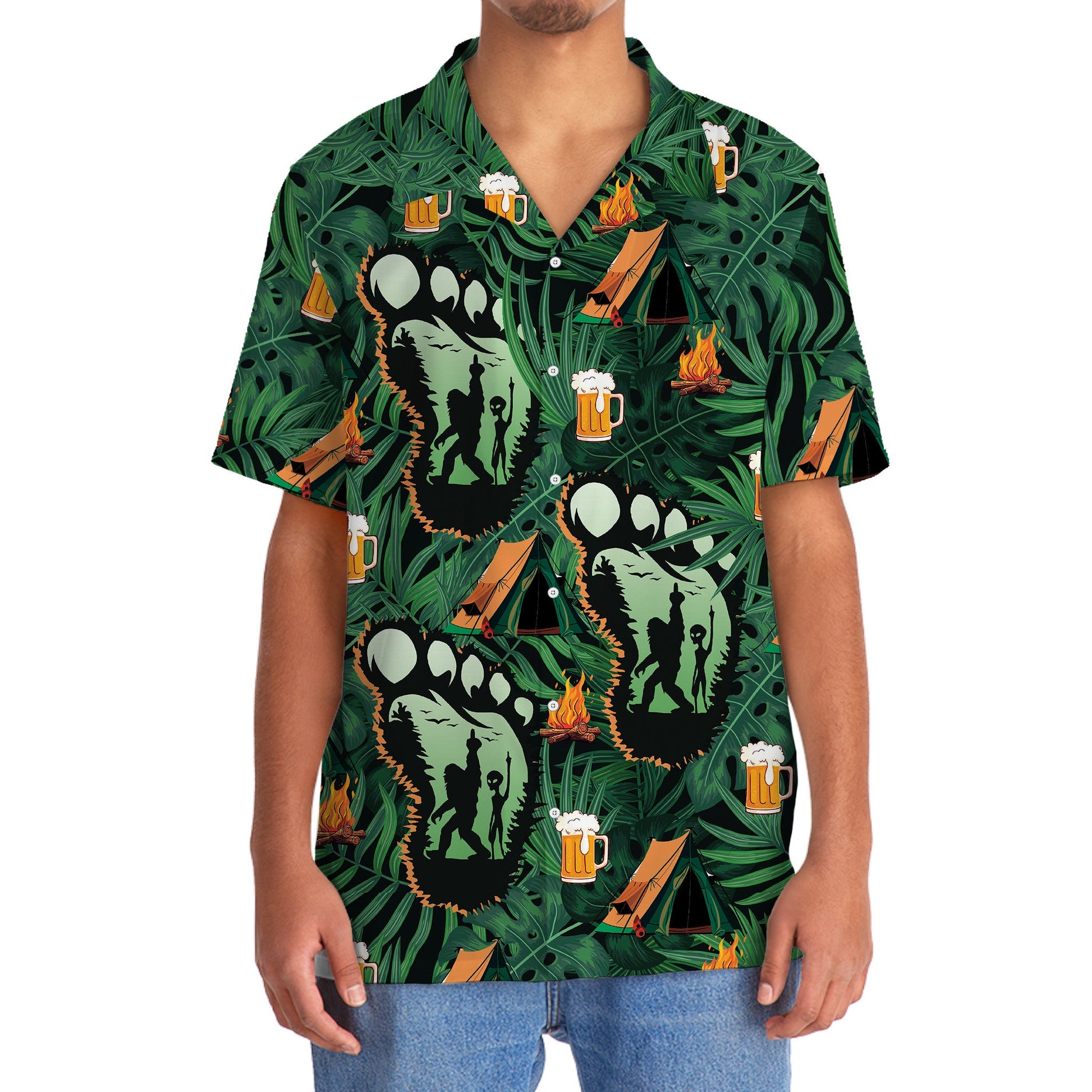 Camping Bigfoot Alien Fire and Beer Hawaiian Shirt