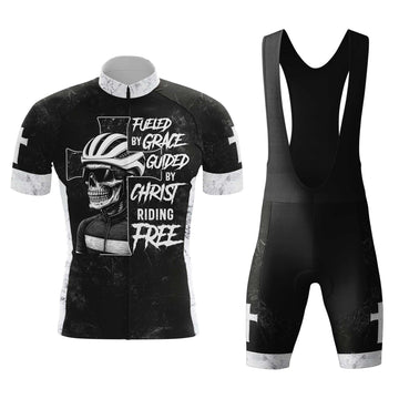 Skull Rider Fueled By Grace Men's Cycling Jersey Set, Road Bike Cycling Kit for Men, Biking Outfit, Bicycle Suit, Team Racing Uniform