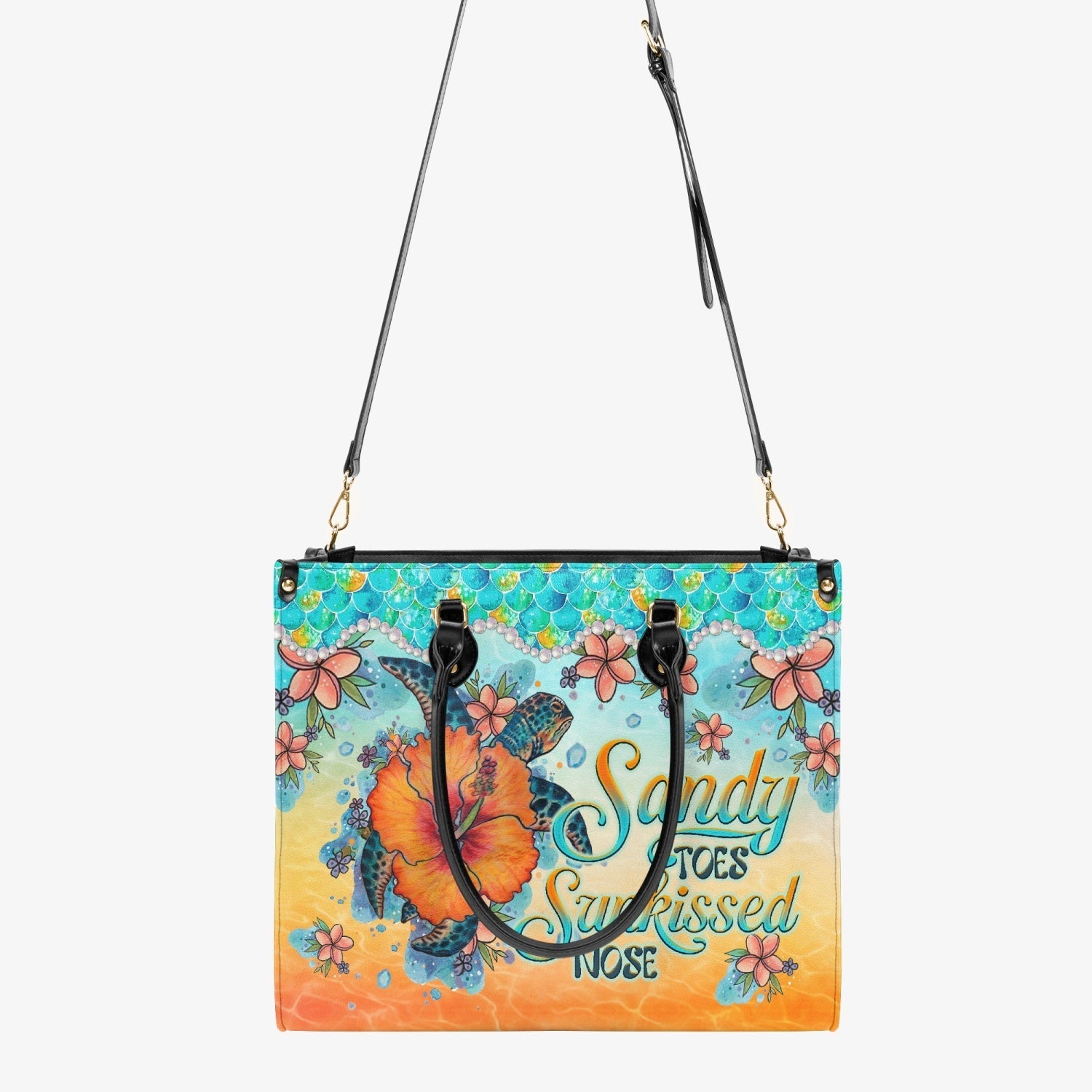 Bigcrowns SANDY TOES SUNKISSED NOSE TURTLE HIBISCUS LEATHER HANDBAG W3003242