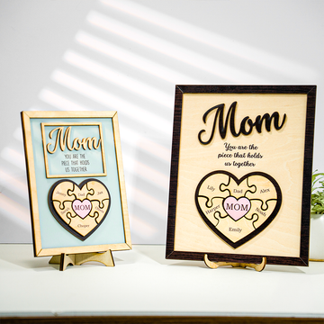 Mom Puzzle Sign With Holder, Mother's Day Gift From Kids, Personalized Unique Engraved Wood Sign