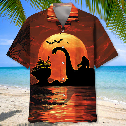 Halloween Bigfoot Riding on Lochness Monster and Alien Hawaiian Shirt