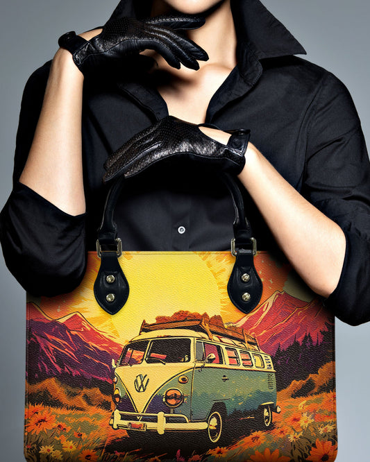 Camping Scene Leather Handbag