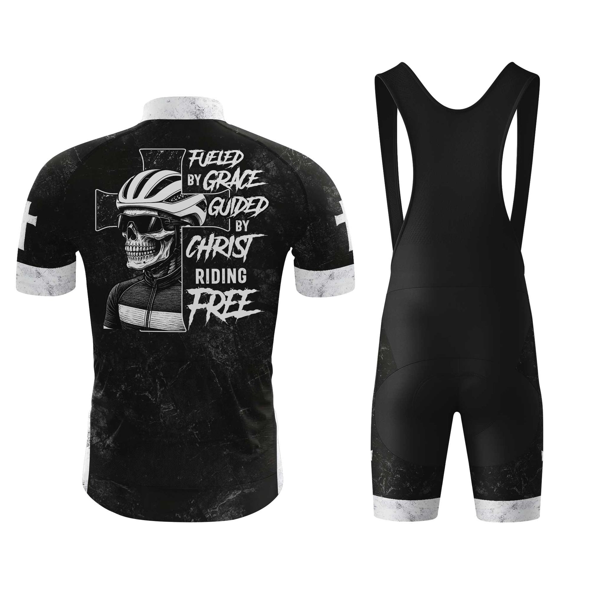 Skull Rider Fueled By Grace Men's Cycling Jersey Set, Road Bike Cycling Kit for Men, Biking Outfit, Bicycle Suit, Team Racing Uniform