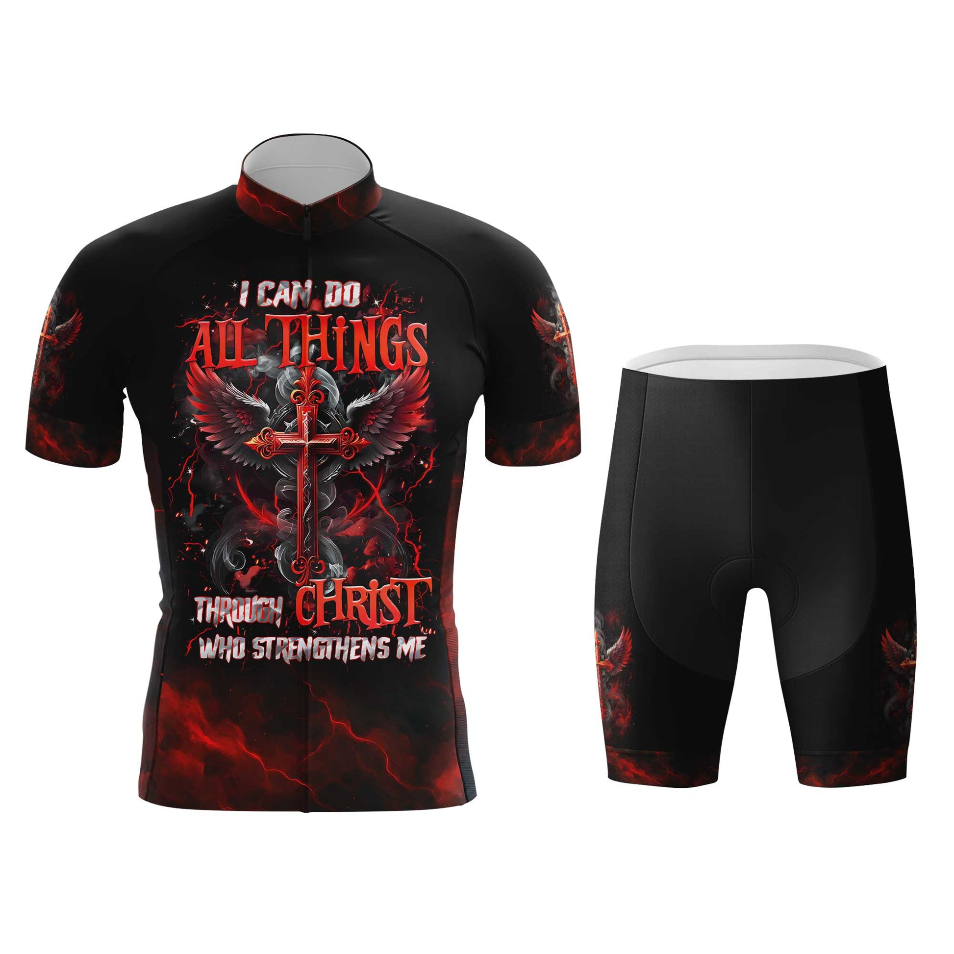 I Can Do All Things Through Christ Men's Cycling Jersey Set, Road Bike Cycling Kit for Men, Biking Outfit, Bicycle Suit, Team Racing Uniform