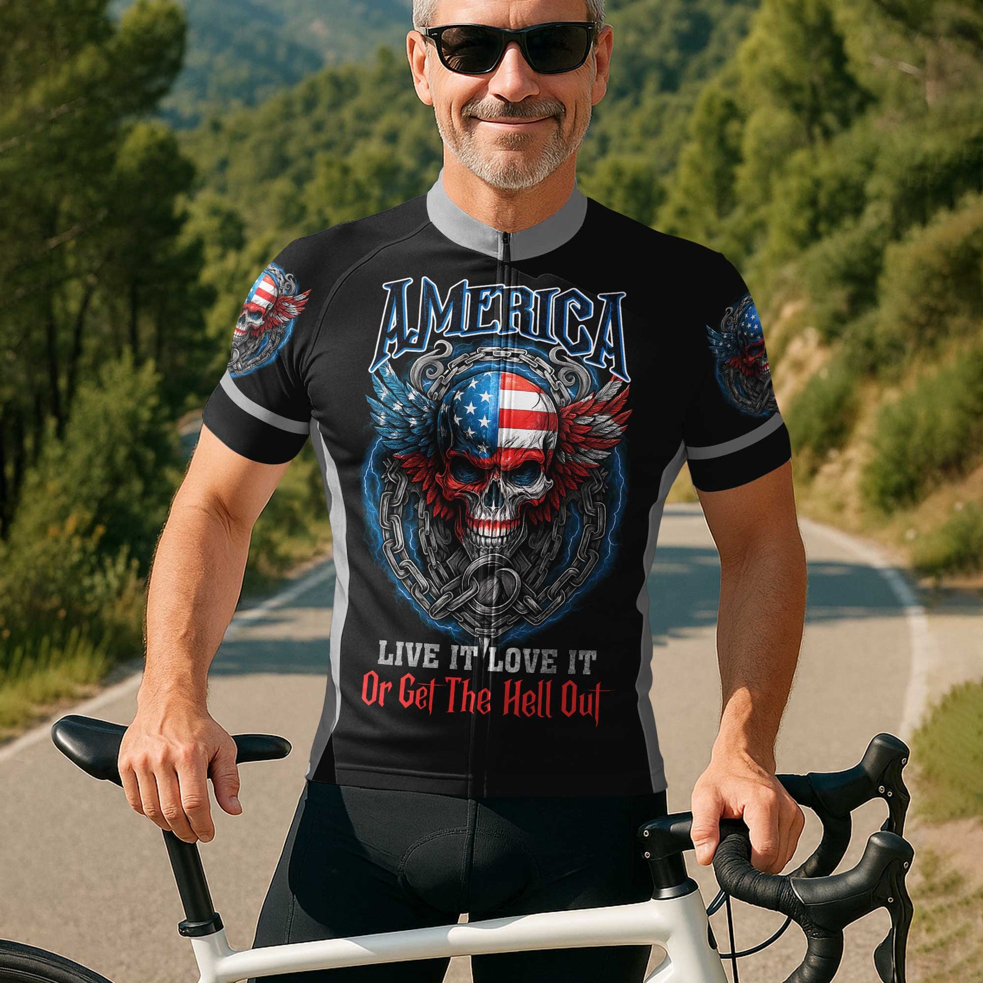 America Skull Men's Cycling Jersey Set, Road Bike Cycling Kit for Men, Biking Outfit, Bicycle Suit, Team Racing Uniform