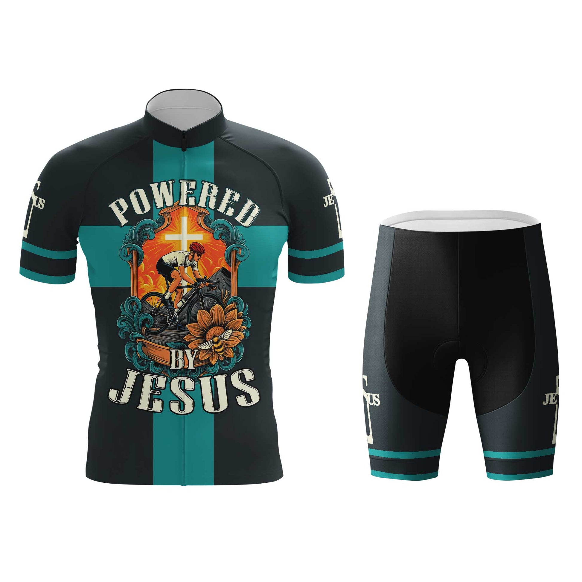 Powered By Jesus Men's Cycling Jersey Set, Road Bike Cycling Kit for Men, Biking Outfit, Bicycle Suit, Team Racing Uniform