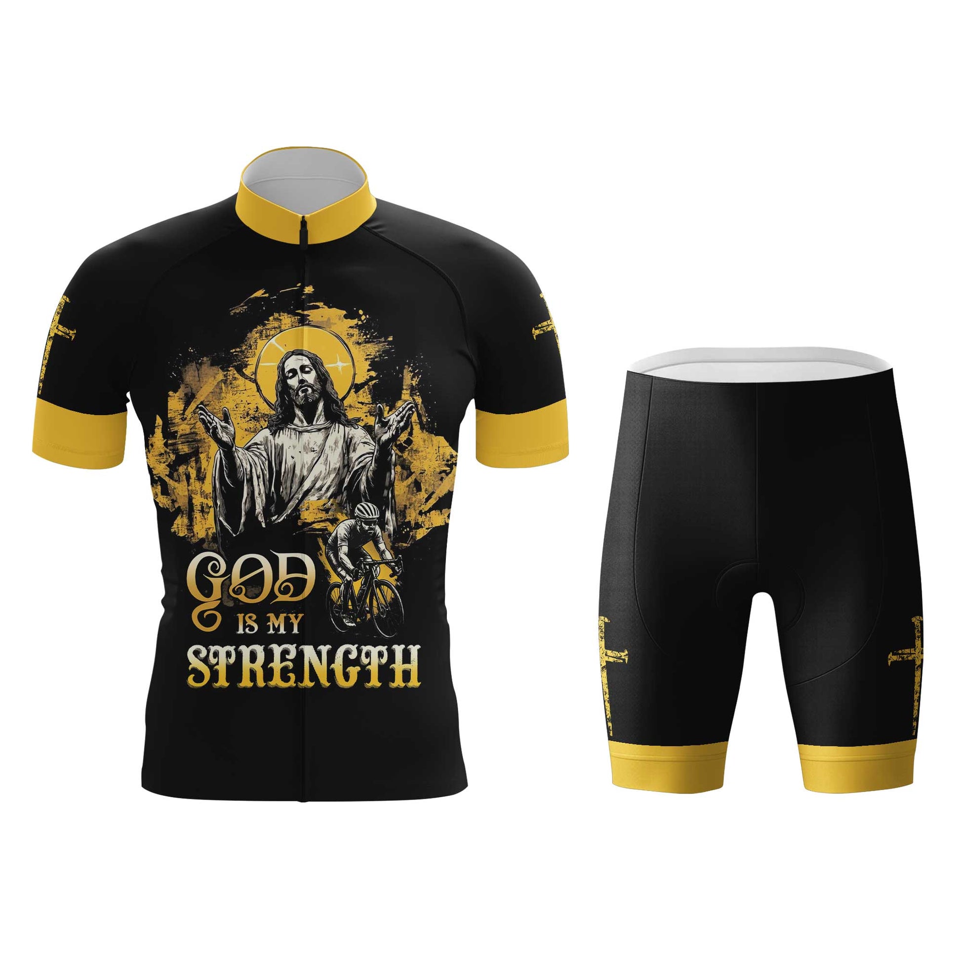 God Is My Strength Men's Cycling Jersey Set, Road Bike Cycling Kit for Men, Biking Outfit, Bicycle Suit, Team Racing Uniform