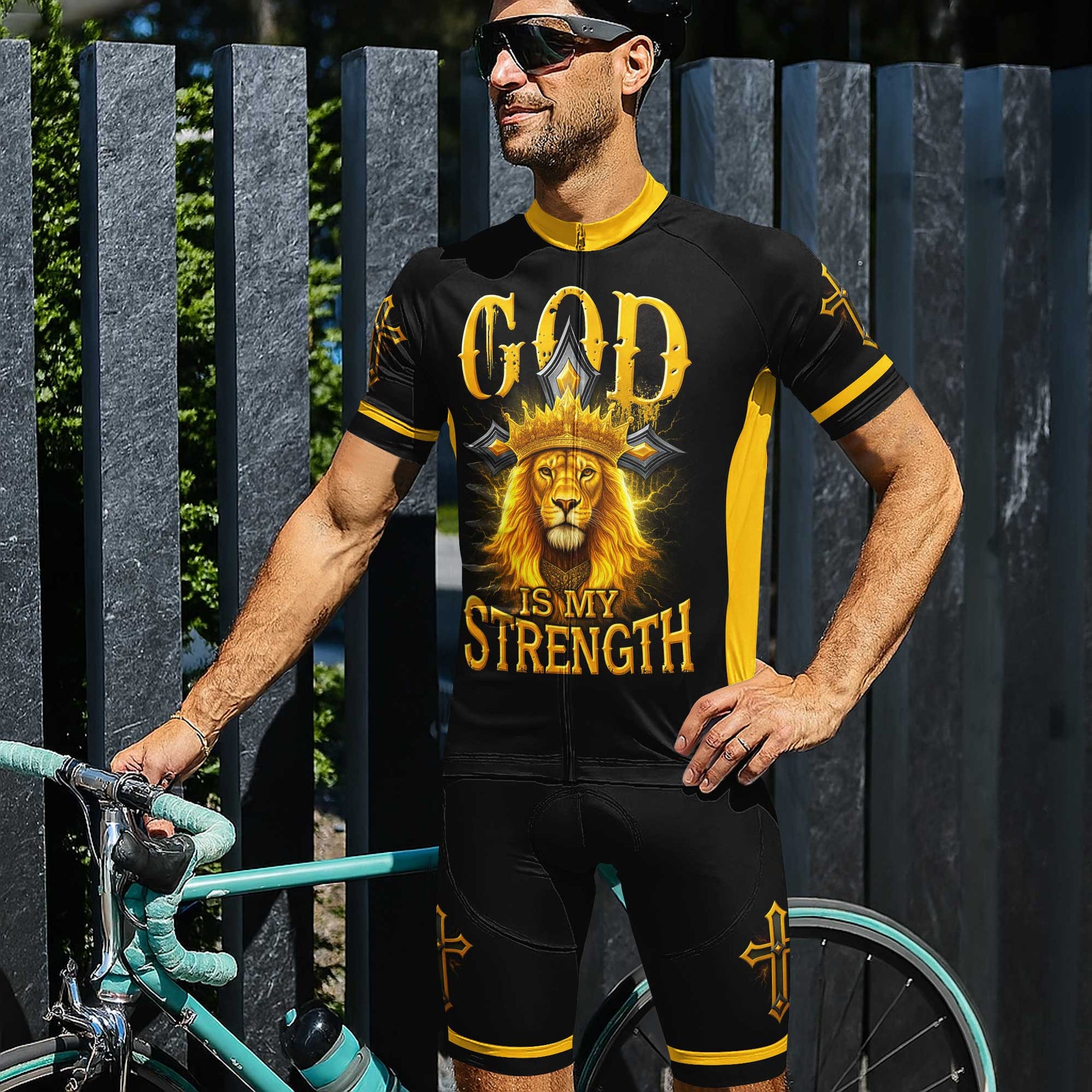 God Is My Strength Men's Cycling Jersey Set, Road Bike Cycling Kit for Men, Biking Outfit, Bicycle Suit, Team Racing Uniform