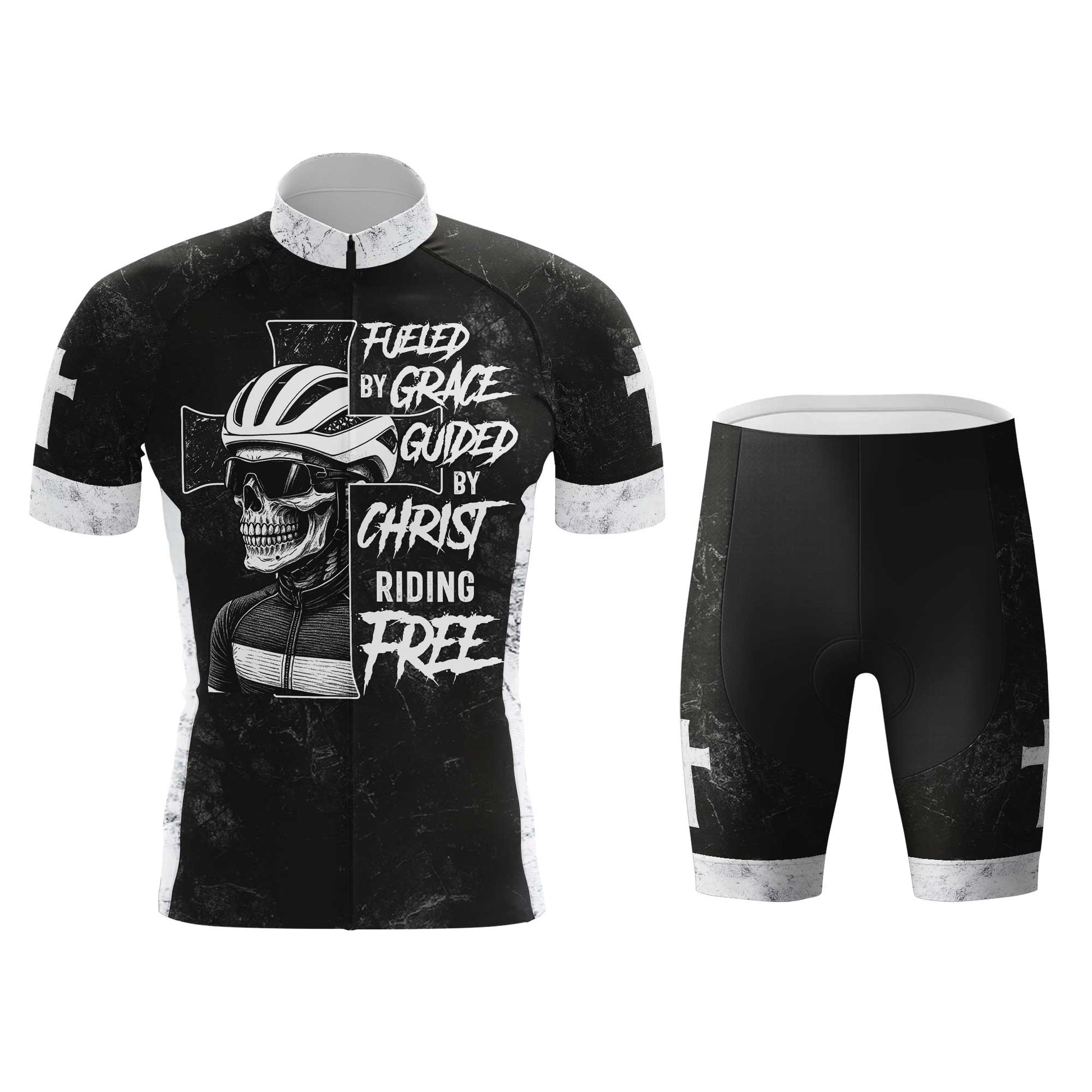 Skull Rider Fueled By Grace Men's Cycling Jersey Set, Road Bike Cycling Kit for Men, Biking Outfit, Bicycle Suit, Team Racing Uniform