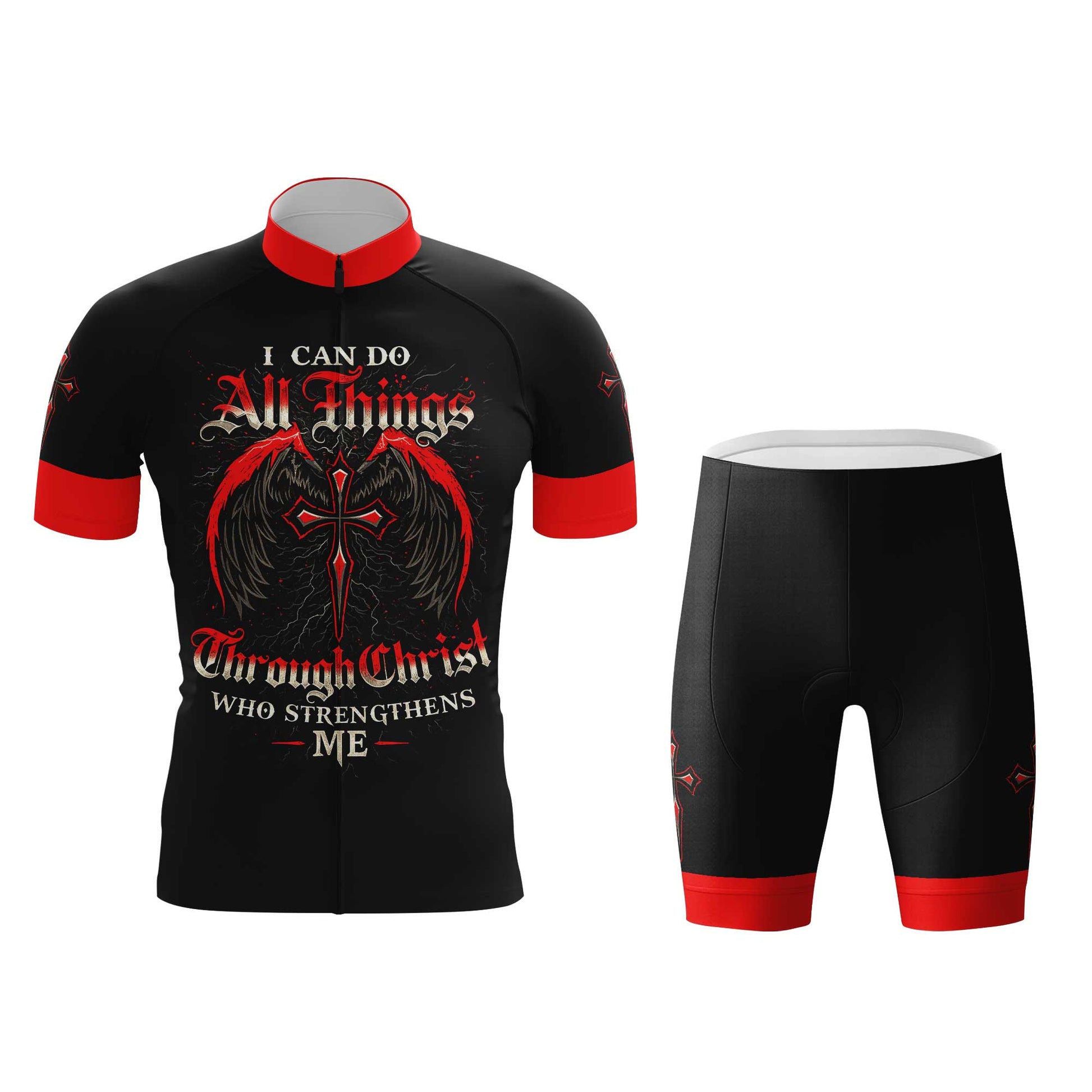 I Can Do All Things Through Christ Men's Cycling Jersey Set, Road Bike Cycling Kit for Men, Biking Outfit, Bicycle Suit, Team Racing Uniform