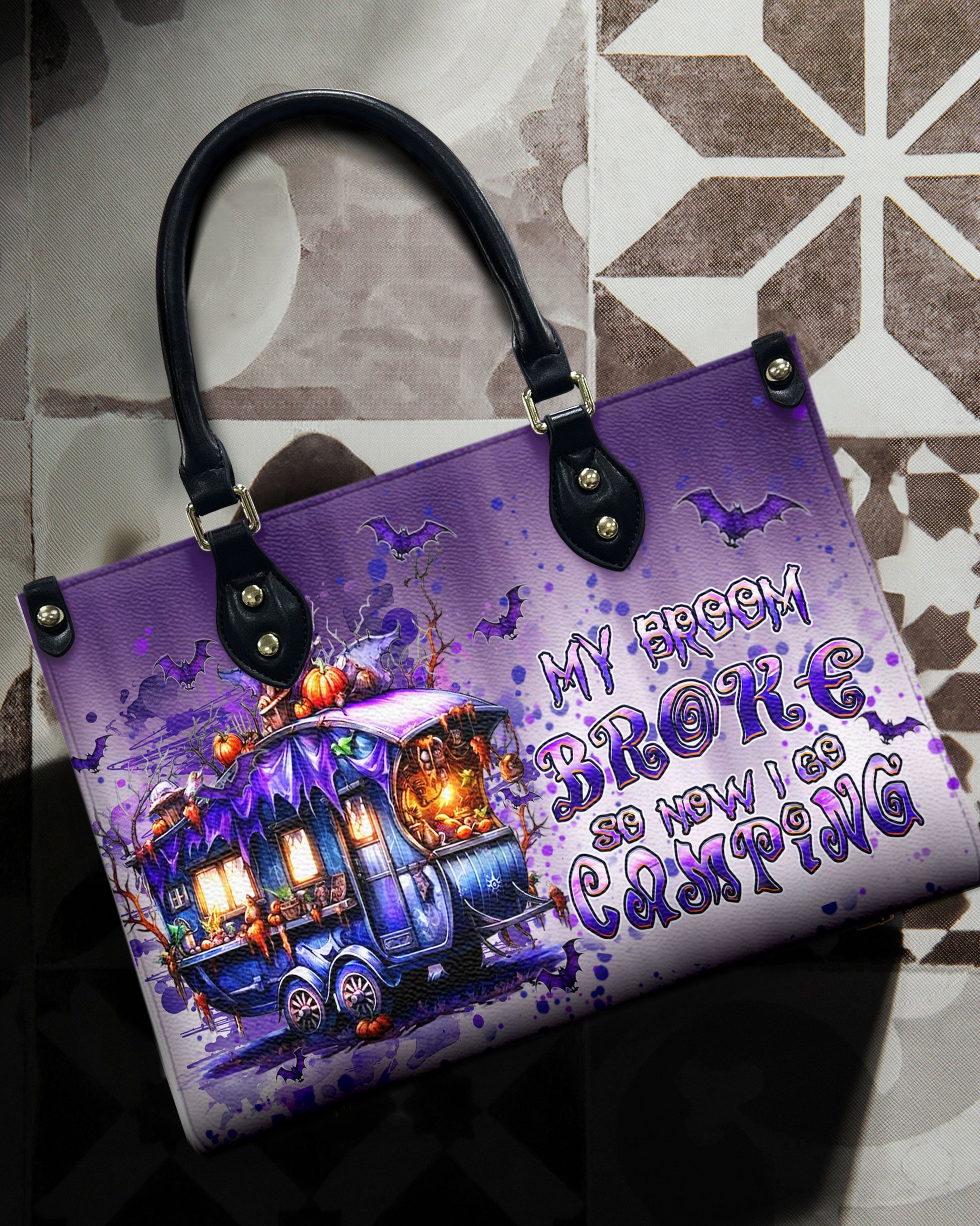 Bigcrowns MY BROOM BROKE CAMPING HALLOWEEN LEATHER HANDBAG N1109244