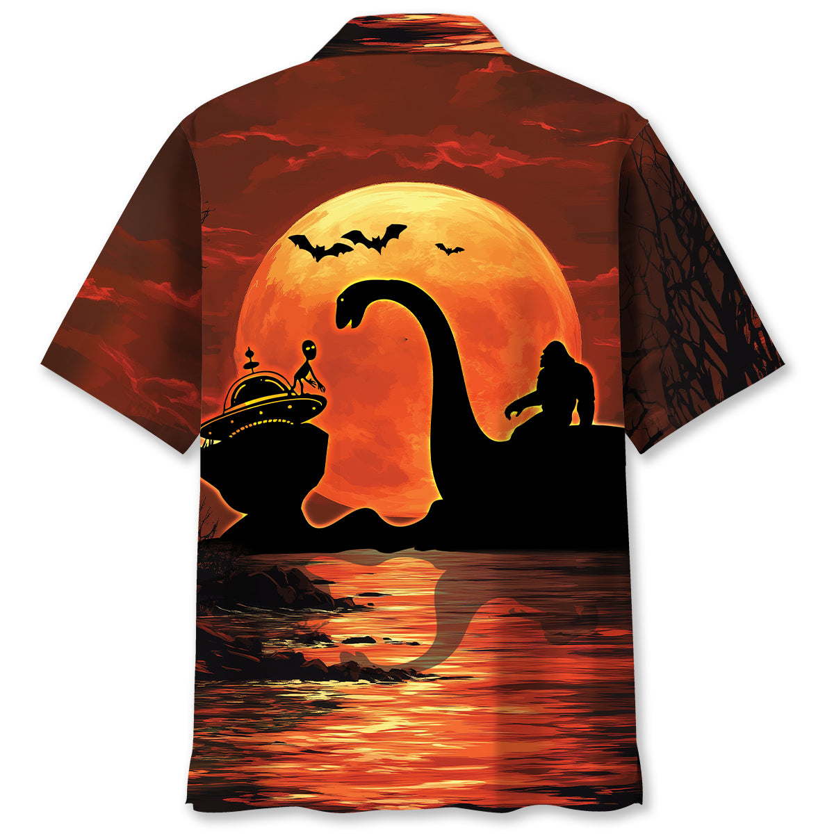 Halloween Bigfoot Riding on Lochness Monster and Alien Hawaiian Shirt