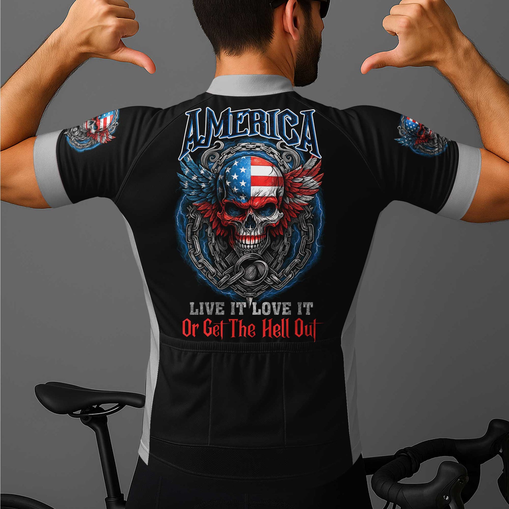 America Skull Men's Cycling Jersey Set, Road Bike Cycling Kit for Men, Biking Outfit, Bicycle Suit, Team Racing Uniform