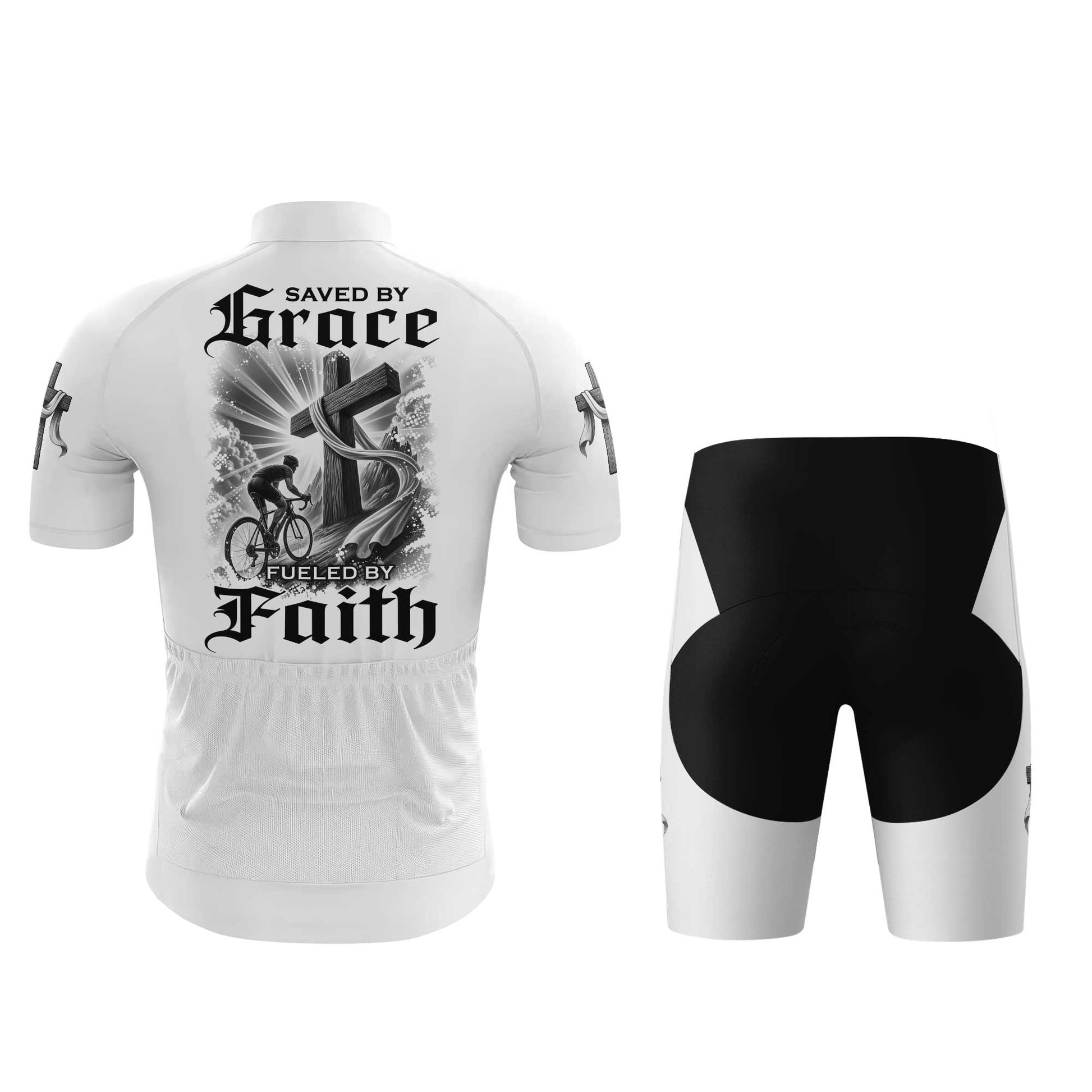 Saved By Grace Fueled By Faith Men's Cycling Jersey Set, Road Bike Cycling Kit for Men, Biking Outfit, Bicycle Suit, Team Racing Uniform