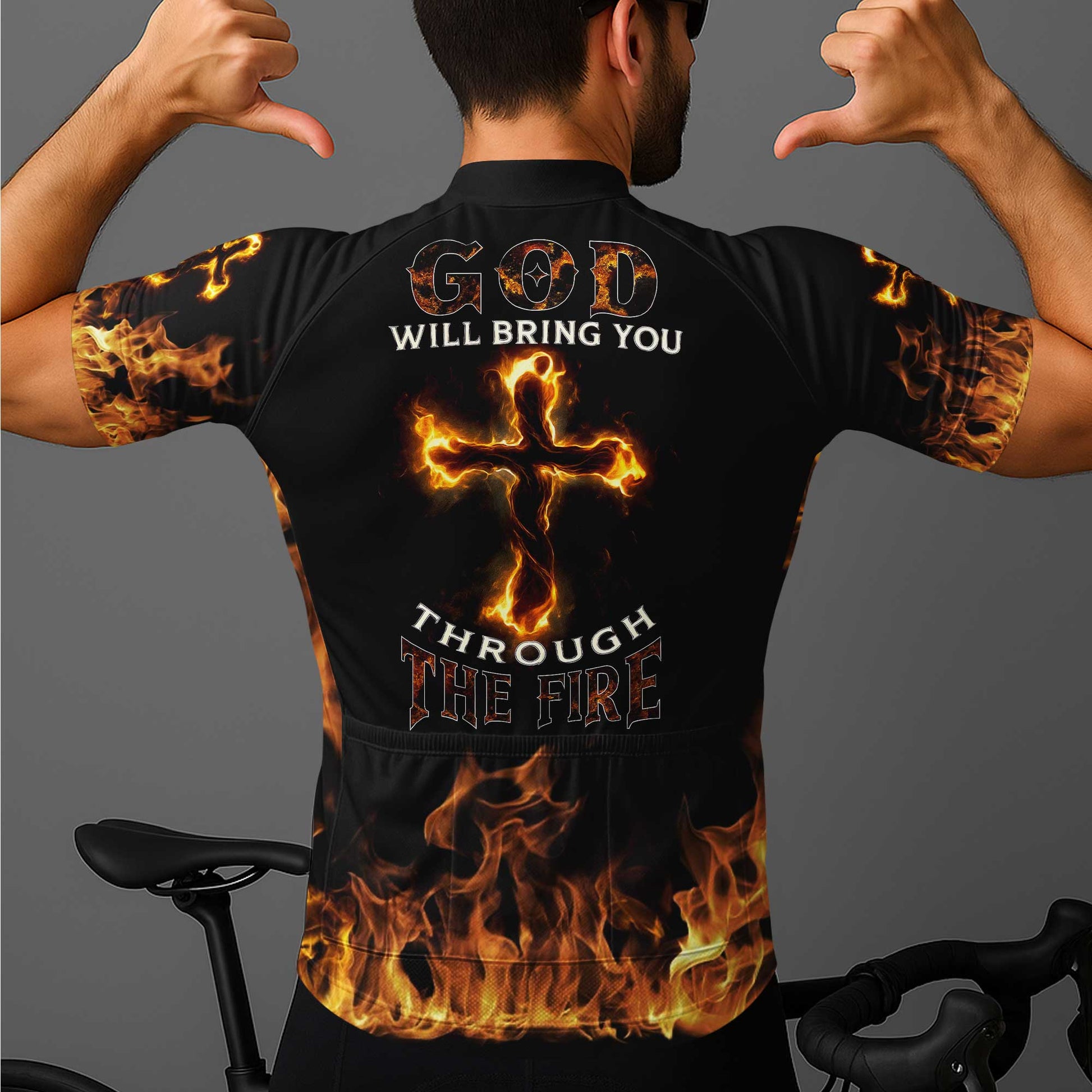 God Will Bring You Through Fire Men's Cycling Jersey Set, Road Bike Cycling Kit for Men, Biking Outfit, Bicycle Suit, Team Racing Uniform