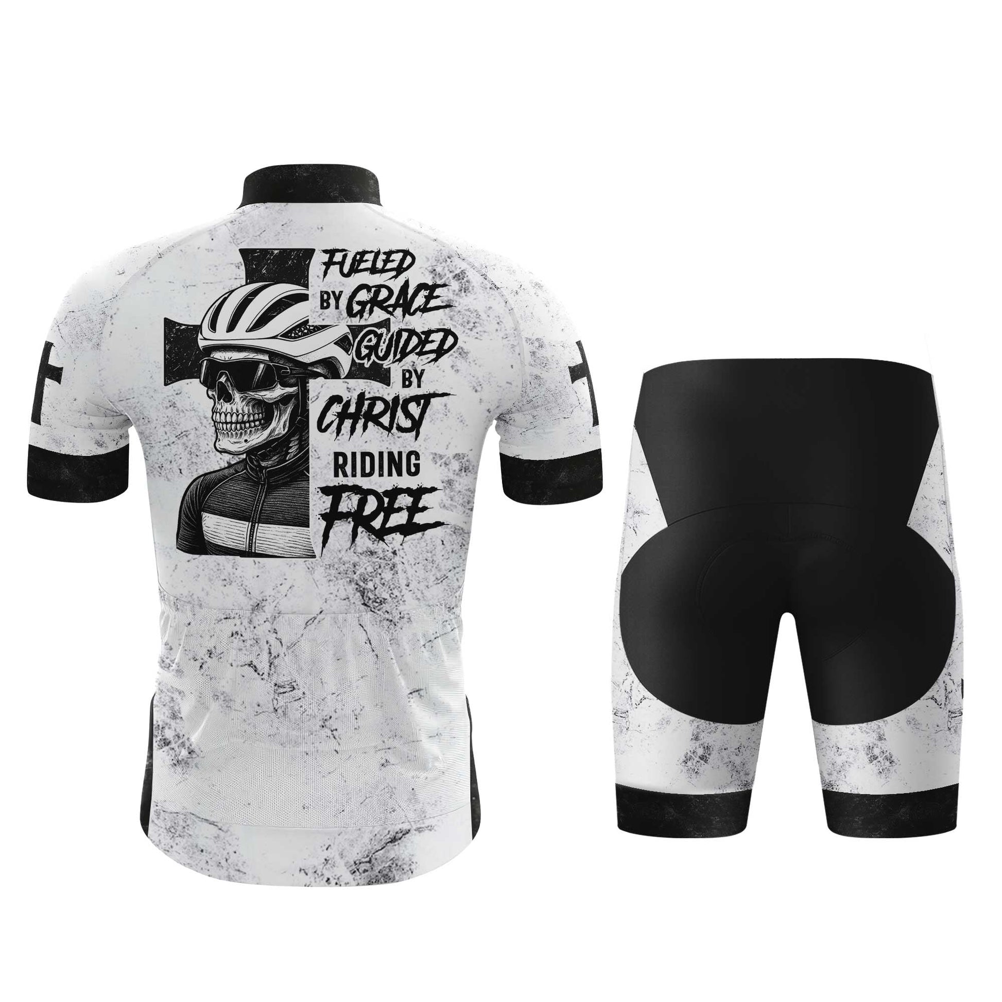 Skull Rider Fueled By Grace Men's Cycling Jersey Set, Road Bike Cycling Kit for Men, Biking Outfit, Bicycle Suit, Team Racing Uniform