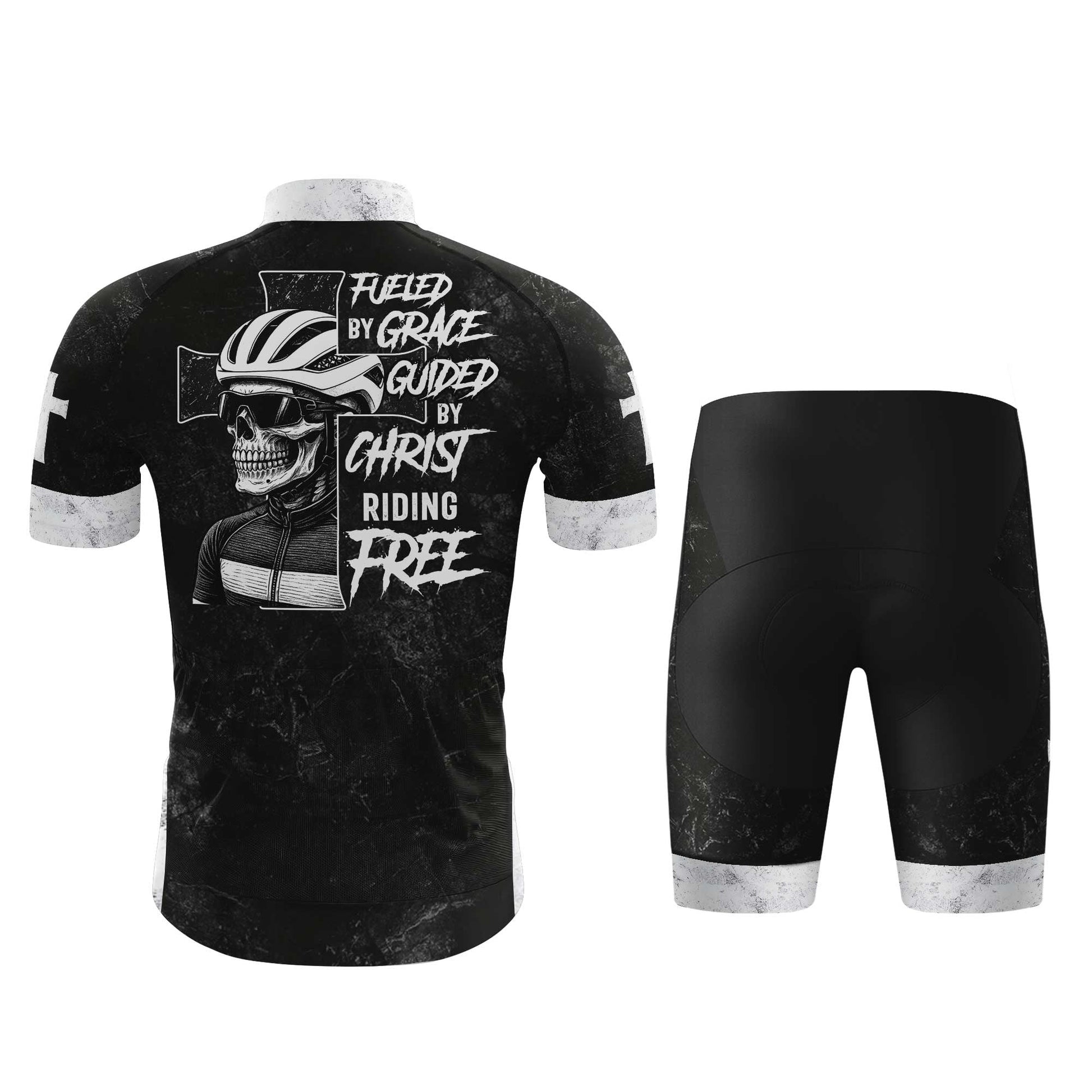 Skull Rider Fueled By Grace Men's Cycling Jersey Set, Road Bike Cycling Kit for Men, Biking Outfit, Bicycle Suit, Team Racing Uniform