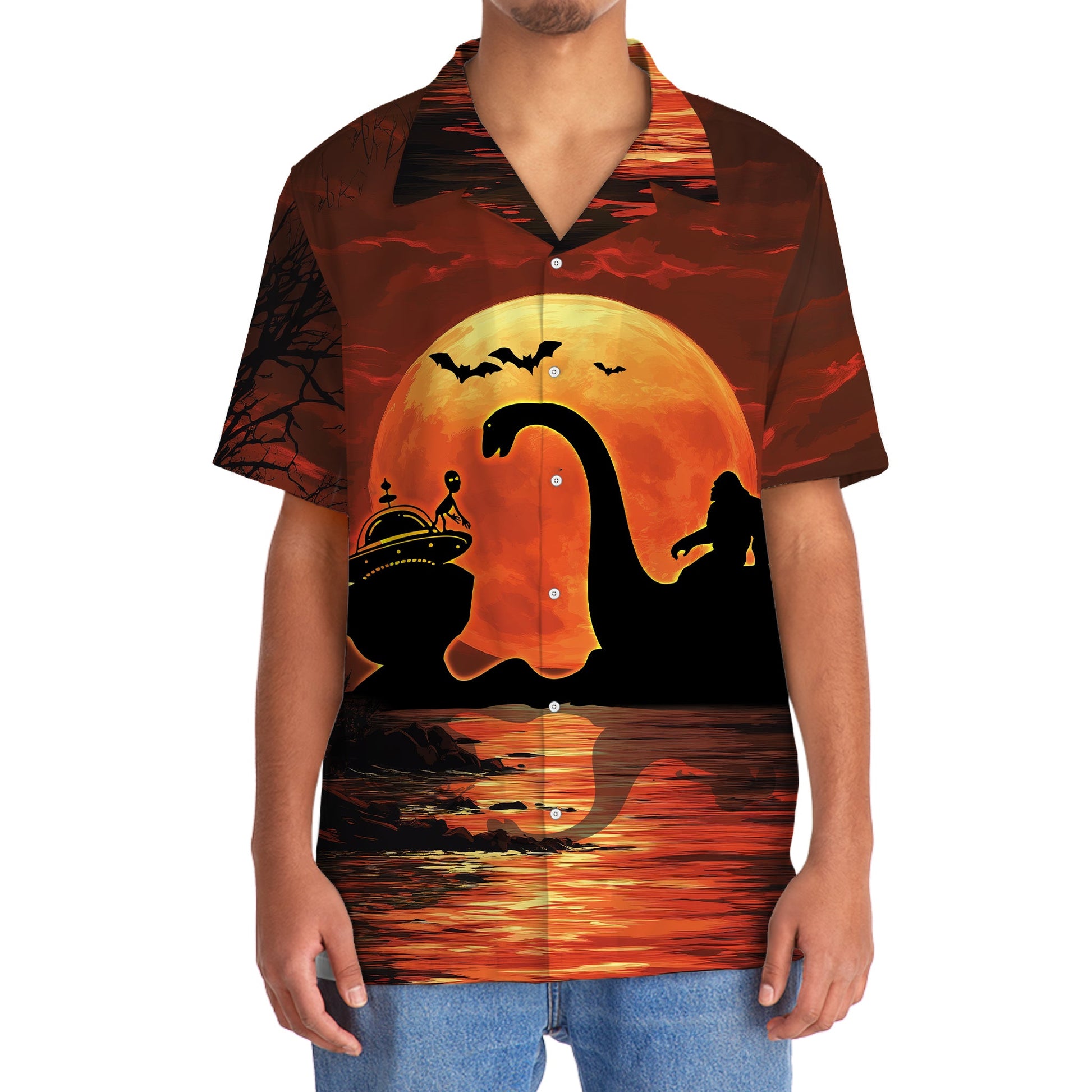 Halloween Bigfoot Riding on Lochness Monster and Alien Hawaiian Shirt