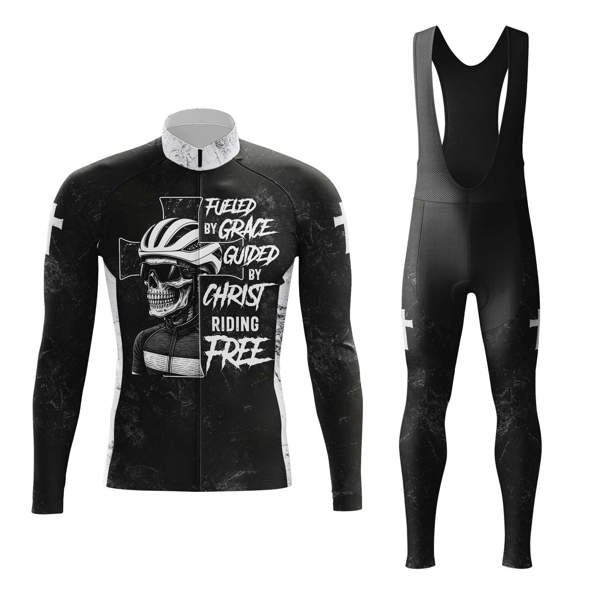 Skull Rider Fueled By Grace Men's Cycling Jersey Set, Road Bike Cycling Kit for Men, Biking Outfit, Bicycle Suit, Team Racing Uniform
