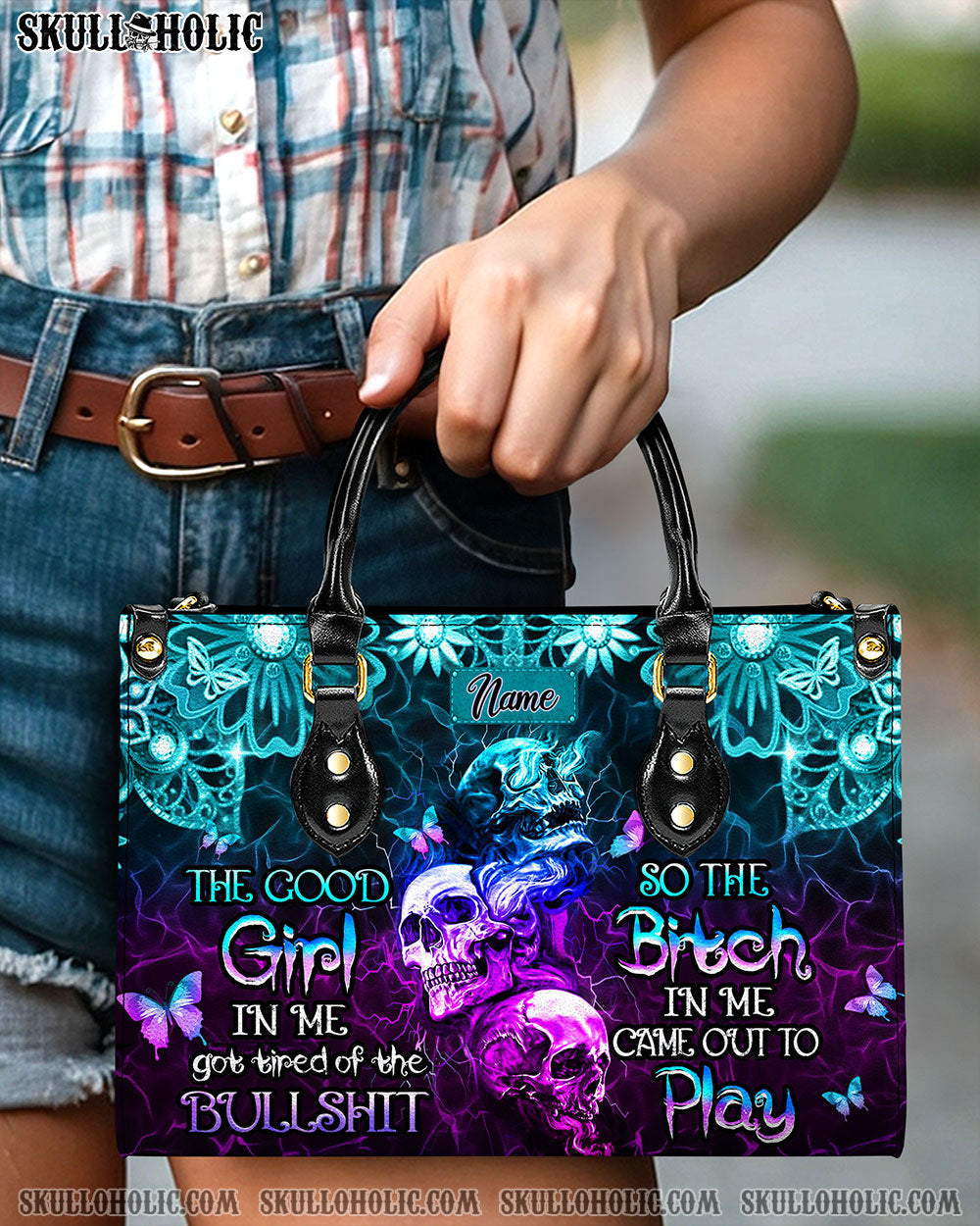 THE GOOD GIRL IN ME GOT TIRED SKULL ROSE LEATHER HANDBAG - YHHN2503241