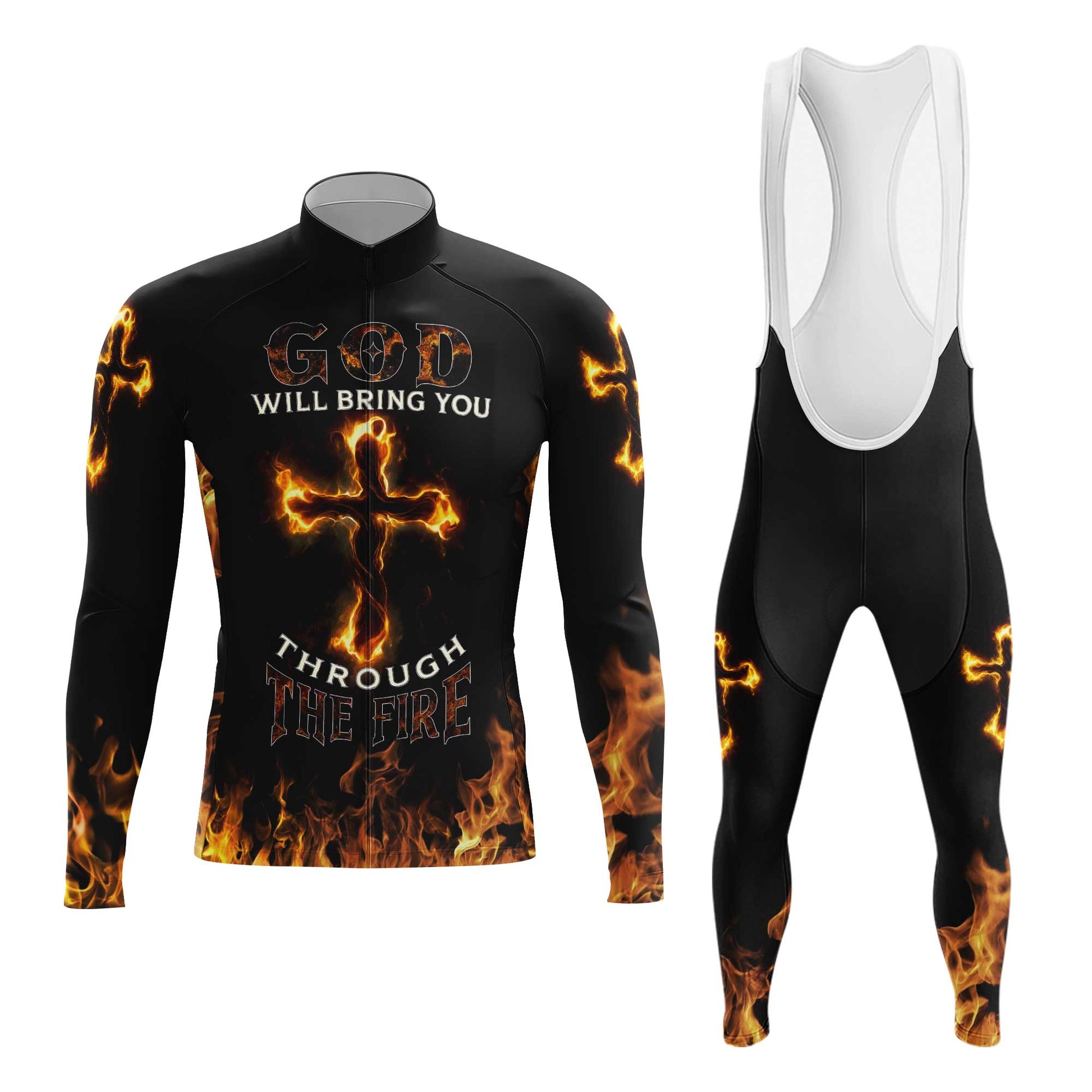 God Will Bring You Through Fire Men's Cycling Jersey Set, Road Bike Cycling Kit for Men, Biking Outfit, Bicycle Suit, Team Racing Uniform