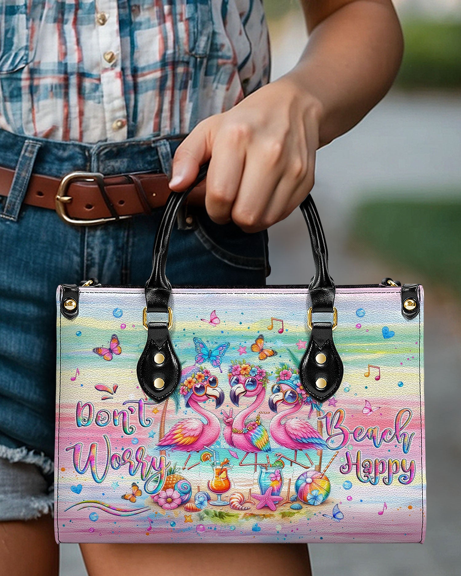 Bigcrowns DON'T WORRY BEACH HAPPY FLAMINGO LEATHER HANDBAG T2507243