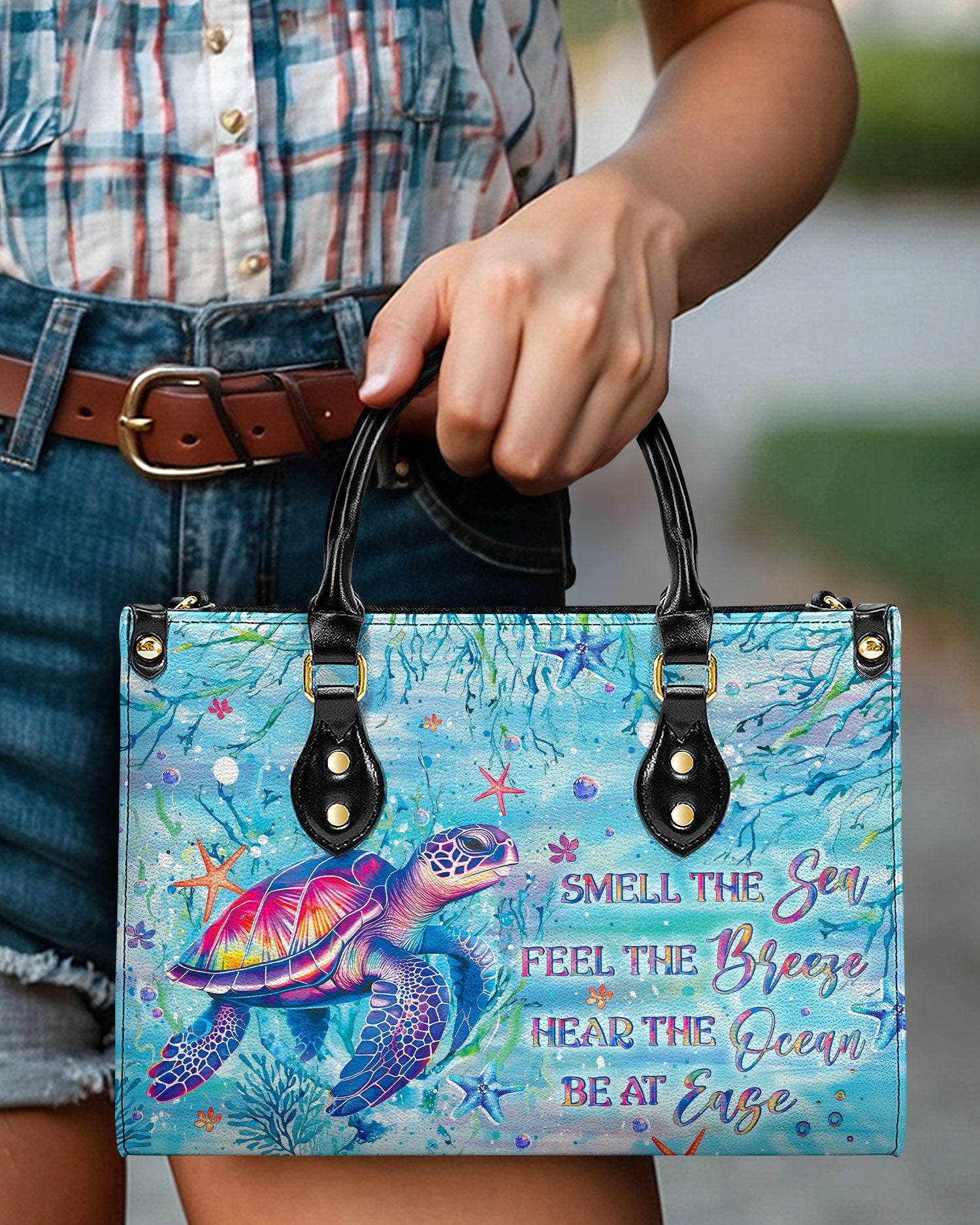 Bigcrowns SMELL THE SEA FEEL THE BREEZE TURTLE LEATHER HANDBAG T0508244