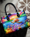 Bigcrowns AS FREE AS THE OCEAN TURTLE SUNFLOWERS LEATHER HANDBAG T1507241