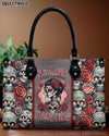 SKULL GIRL WITH TATTOOS PRETTY EYES SUGAR SKULL LEOPARD LEATHER HANDBAG - TLTR1406245