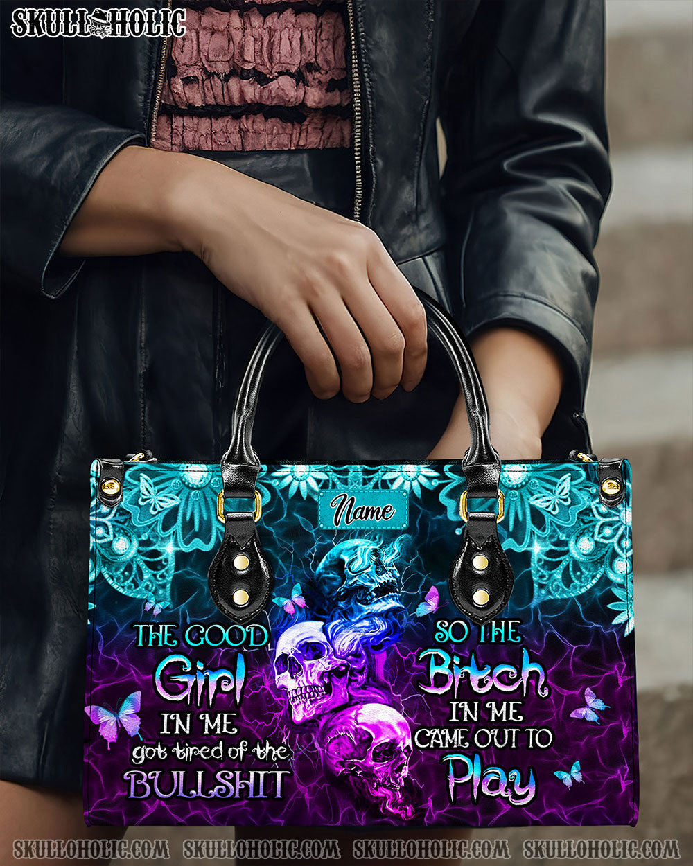 THE GOOD GIRL IN ME GOT TIRED SKULL ROSE LEATHER HANDBAG - YHHN2503241