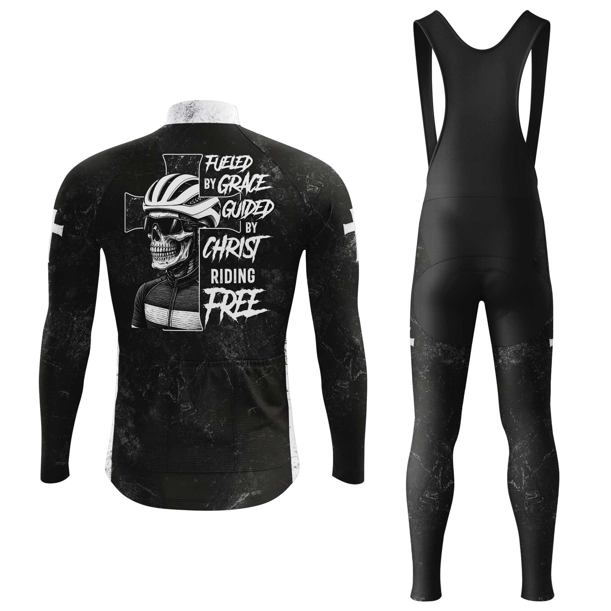 Skull Rider Fueled By Grace Men's Cycling Jersey Set, Road Bike Cycling Kit for Men, Biking Outfit, Bicycle Suit, Team Racing Uniform