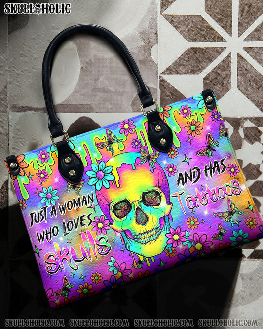 JUST A WOMAN WHO LOVES SKULLS AND HAS TATTOOS LEATHER HANDBAG - YHHN2806243