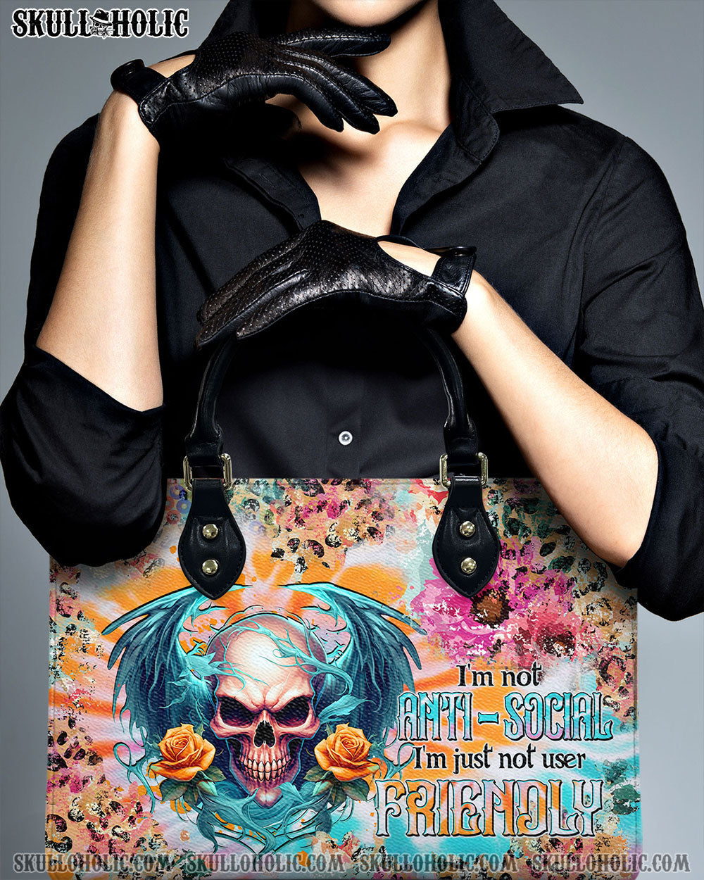 I'M NOT ANTI-SOCIAL SKULL WINGS TIE DYE LEATHER HANDBAG - TLTW0504241